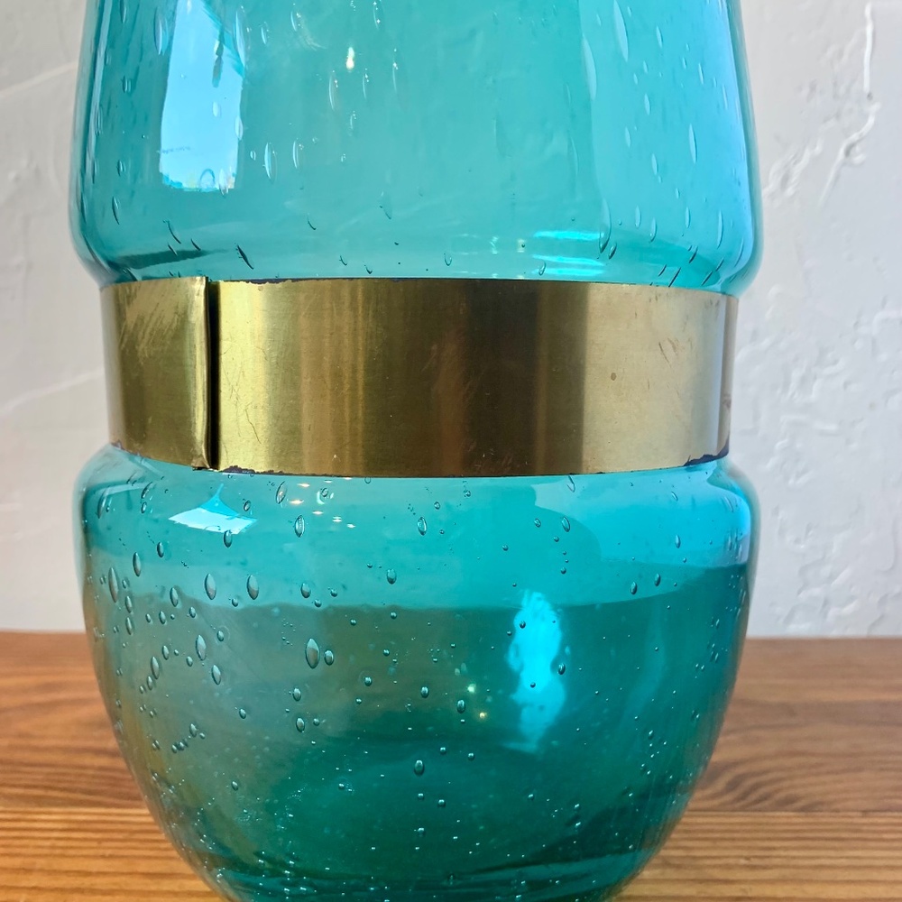 Dara International -- Italian Handblown Blue Glass Vase w/ Brass Band -- 13" - Picture 6 of 15